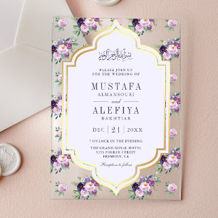 Periwinkle Gold Purple Floral Muslim Wedding Acrylic Invitations