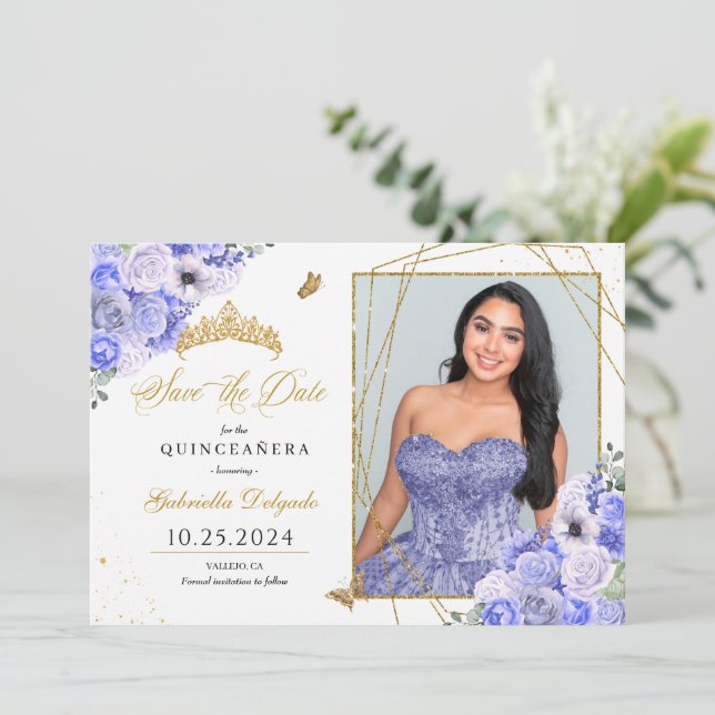 Periwinkle & Gold Quinceañera Save The Date Photo Invitation (Standing Front)