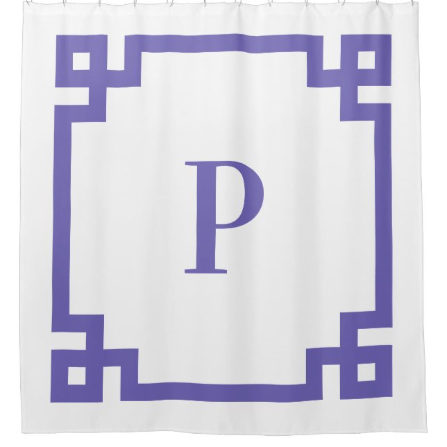 Periwinkle Greek Key Bold Border Monogram Shower Curtain (Front)