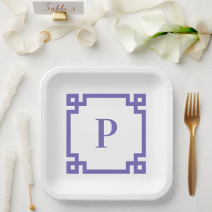 Periwinkle Greek Key Square Border Monogram Paper Plate