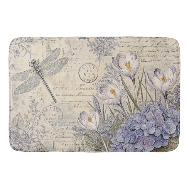 Periwinkle Hydrangea and Shabby Chic Dragonfly Bath Mat (Front)