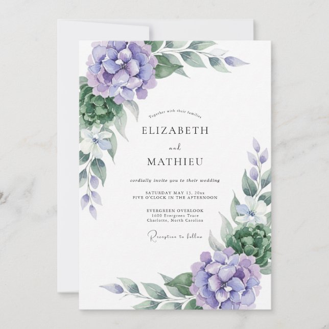 Periwinkle Hydrangea Blossom Wedding Invitation (Front)