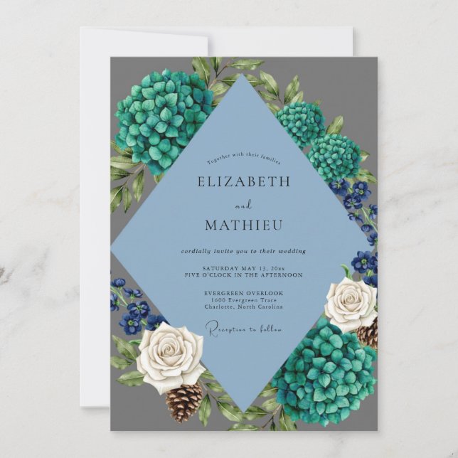 Periwinkle Hydrangea Eucalyptus Wedding Invitation (Front)
