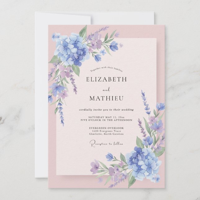 Periwinkle Hydrangea Lilac Eucalyptus Wedding Invitation (Front)