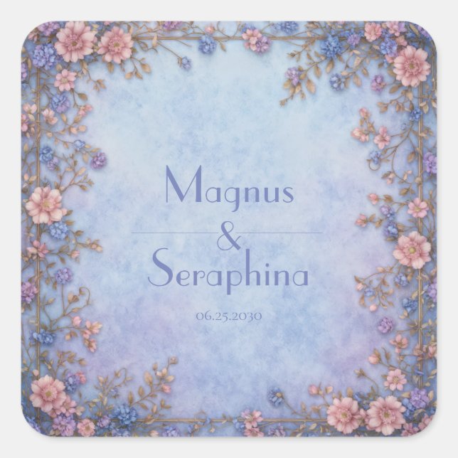 Periwinkle Lavender Mottled Gold Frame Border Square Sticker (Front)