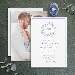 Periwinkle Leafy Crest Monogram Photo Wedding Invitation