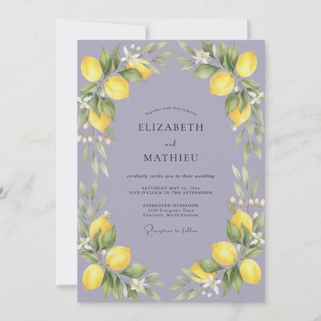 Periwinkle Lemon Citrus Eucalyptus Wedding Invitation (Front)