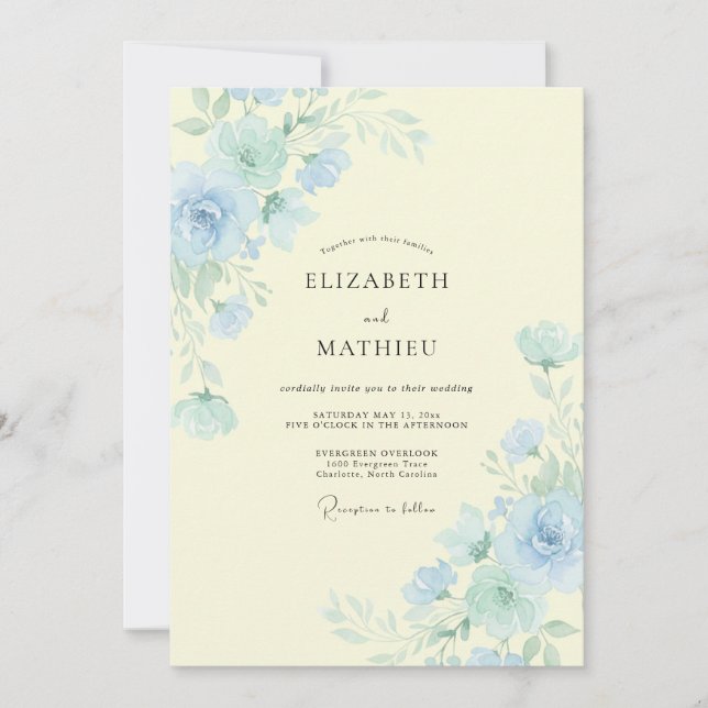 Periwinkle Lemon Peony Wedding Invitation (Front)