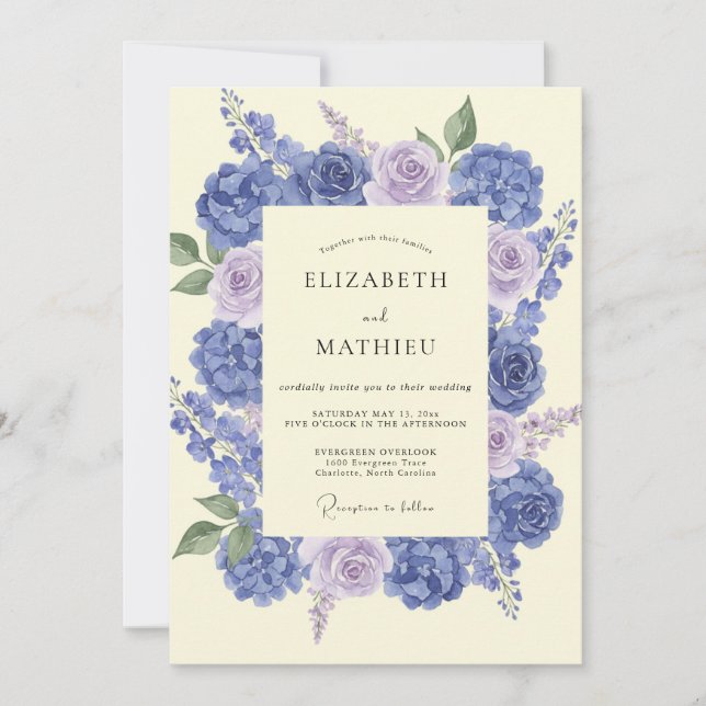Periwinkle Lilac Hydrangea Muted Eucalyptus Weddin Invitation (Front)
