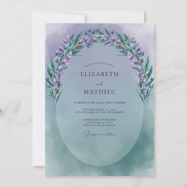 Periwinkle Lilac Sprig Muted Eucalyptus Wedding Invitation (Front)