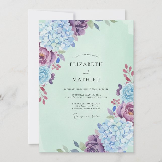 Periwinkle Mint Hydrangea Eucalyptus Wedding Invitation (Front)