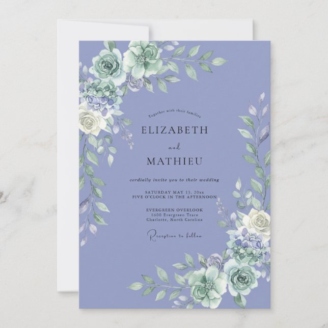 Periwinkle Mint Peony Wedding Invitation (Front)