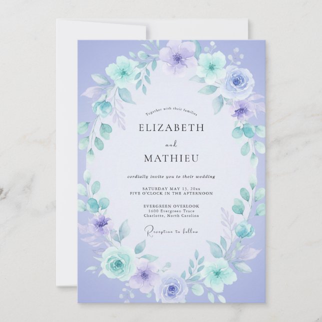 Periwinkle Mint Ranunculus Soft Eucalyptus Wedding Invitation (Front)
