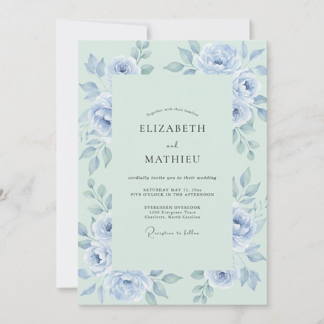 Periwinkle Mint Romantic Botanical Wedding Invitation (Front)