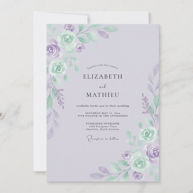 Periwinkle Mint Rose Wedding Invitation (Front)