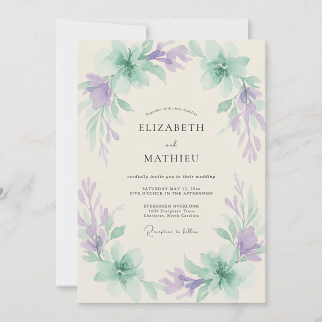 Periwinkle Mint Watercolor Wedding Invitation (Front)