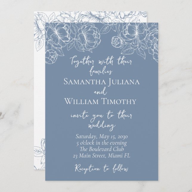 Periwinkle Modern Boho Floral Minimalist Wedding Invitation (Front/Back)