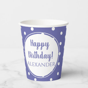 Periwinkle Modern Polka Dots Name Happy Birthday Paper Cups