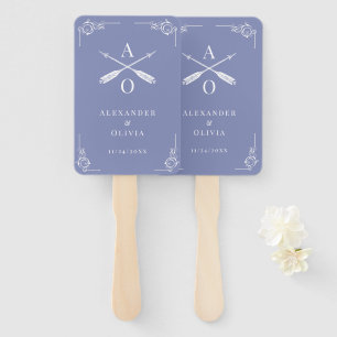 Periwinkle Monogram and Arrows Wedding Favour Hand Fan