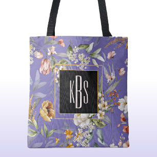 Periwinkle Monogram Fine Art Florals Shoulder Tote Bag