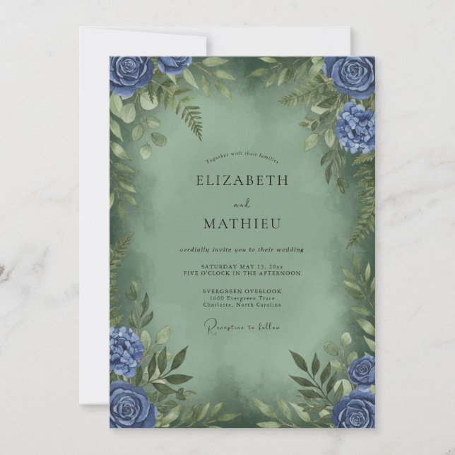Periwinkle Olive Ranunculus Eucalyptus Wedding Invitation (Front)