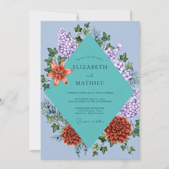 Periwinkle Orange Hydrangea Eucalyptus Wedding Invitation (Front)