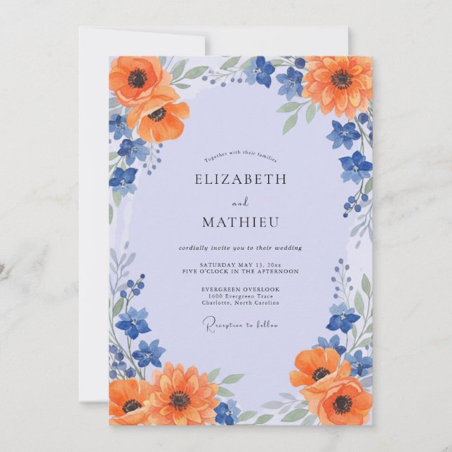 Periwinkle Orange Poppy Wedding Invitation (Front)