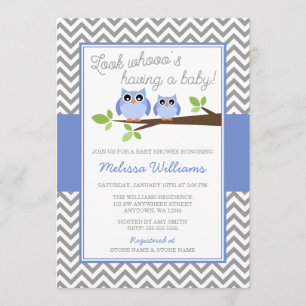 Periwinkle Owl Grey Chevron Girl Baby Shower Invitation