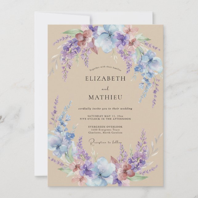 Periwinkle Pale Lilac Wreath Wedding Invitation (Front)