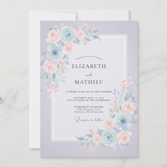 Periwinkle Pastel Peony Wedding Invitation (Front)