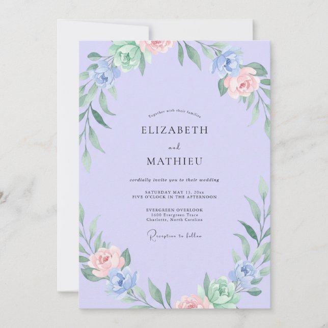 Periwinkle Peach Foliage Sage Wedding Invitation (Front)