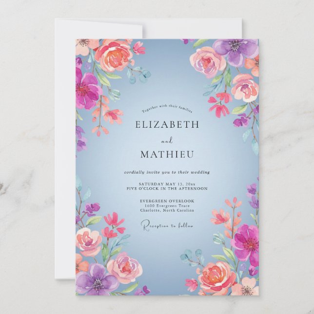 Periwinkle Peach Ranunculus Eucalyptus Wedding Invitation (Front)