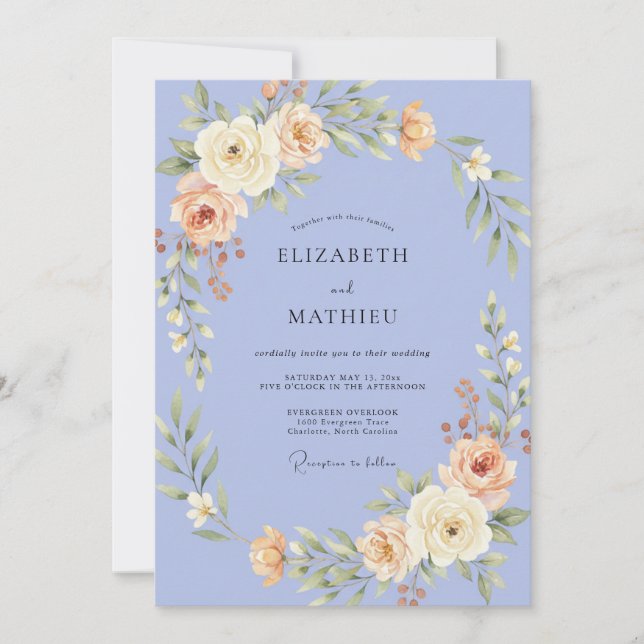 Periwinkle Peach Wreath Wedding Invitation (Front)