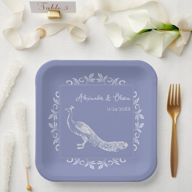 Periwinkle Peacock Flourish Wedding Shower Paper Plate (Wedding)