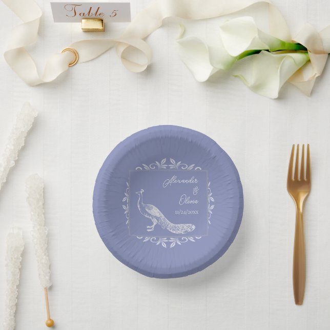 Periwinkle Peacock Flourish Wedding Shower Paper Plate (Wedding)
