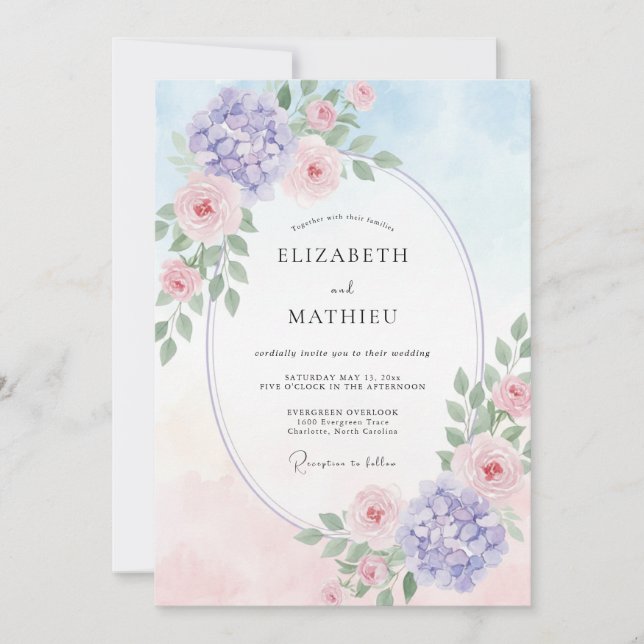 Periwinkle Pink Hydrangea Eucalyptus Wedding Invitation (Front)
