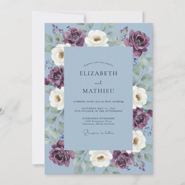 Periwinkle Plum Foliage Dusty Eucalyptus Wedding Invitation (Front)