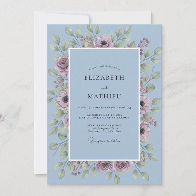 Periwinkle Plum Wreath Wedding Invitation (Front)