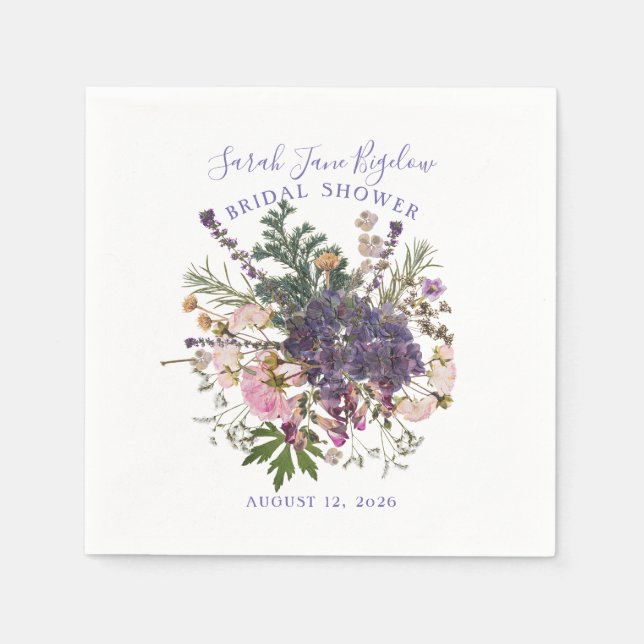 Periwinkle Pressed Wildflower Boho Bridal Shower Napkin (Front)