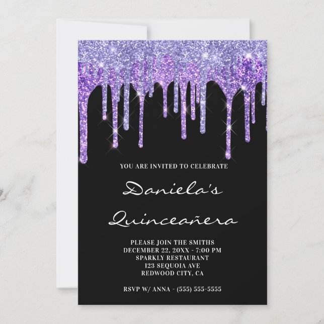 Periwinkle Purple Glitter Drips Black Quinceañera Invitation (Front)