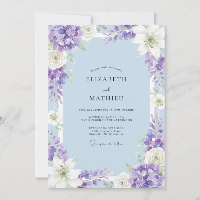 Periwinkle Purple Hydrangea Eucalyptus Wedding Invitation (Front)