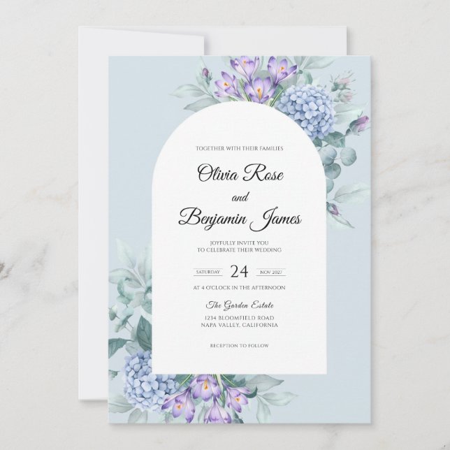 Periwinkle Purple Hydrangea Sage Wedding Invitation (Front)