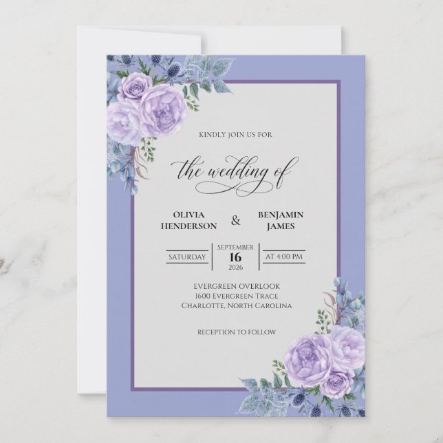 Periwinkle Ranunculus Sage Wedding Invitation (Front)