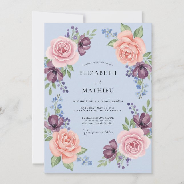 Periwinkle Romantic Floral Garland Wedding Invitation (Front)