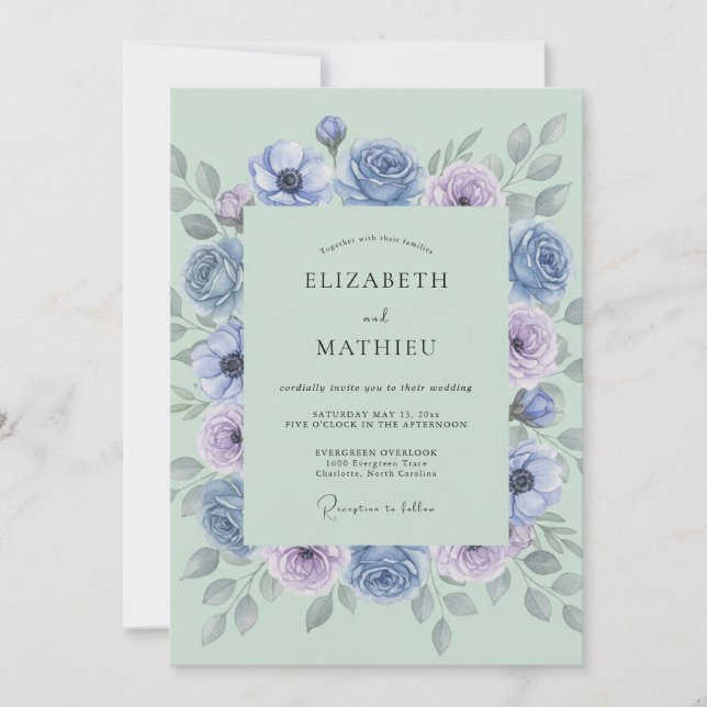 Periwinkle Rose Botanical Flourish Wedding Invitation (Front)