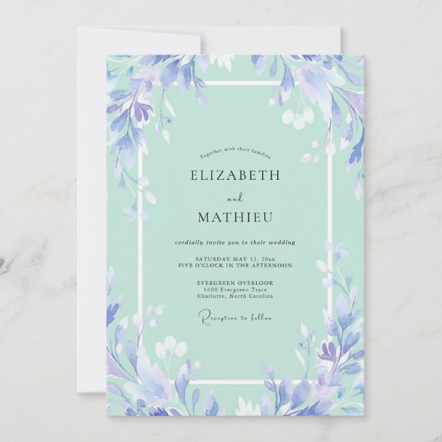 Periwinkle Seafoam Leafy Wedding Invitation (Front)