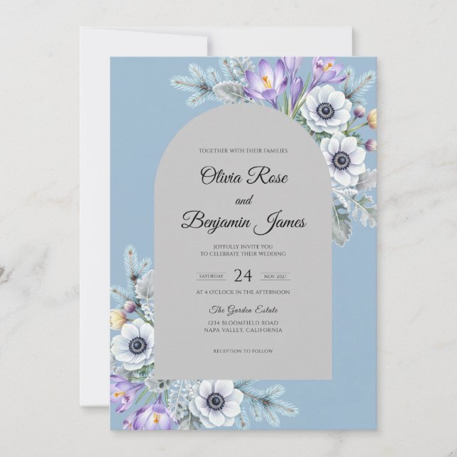Periwinkle Silver Anemone Wedding Invitation (Front)