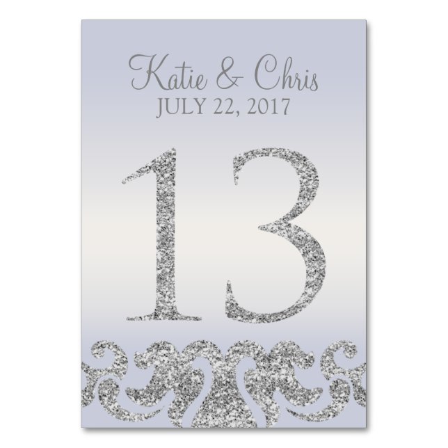 Periwinkle Silver Glitter Look Table Numbers-13 Table Number (Front)