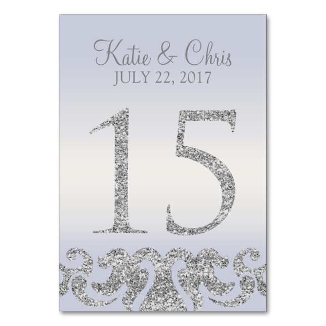 Periwinkle Silver Glitter Look Table Numbers-15 Table Number (Front)