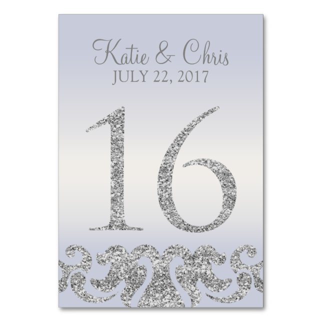 Periwinkle Silver Glitter Look Table Numbers-16 Table Number (Front)